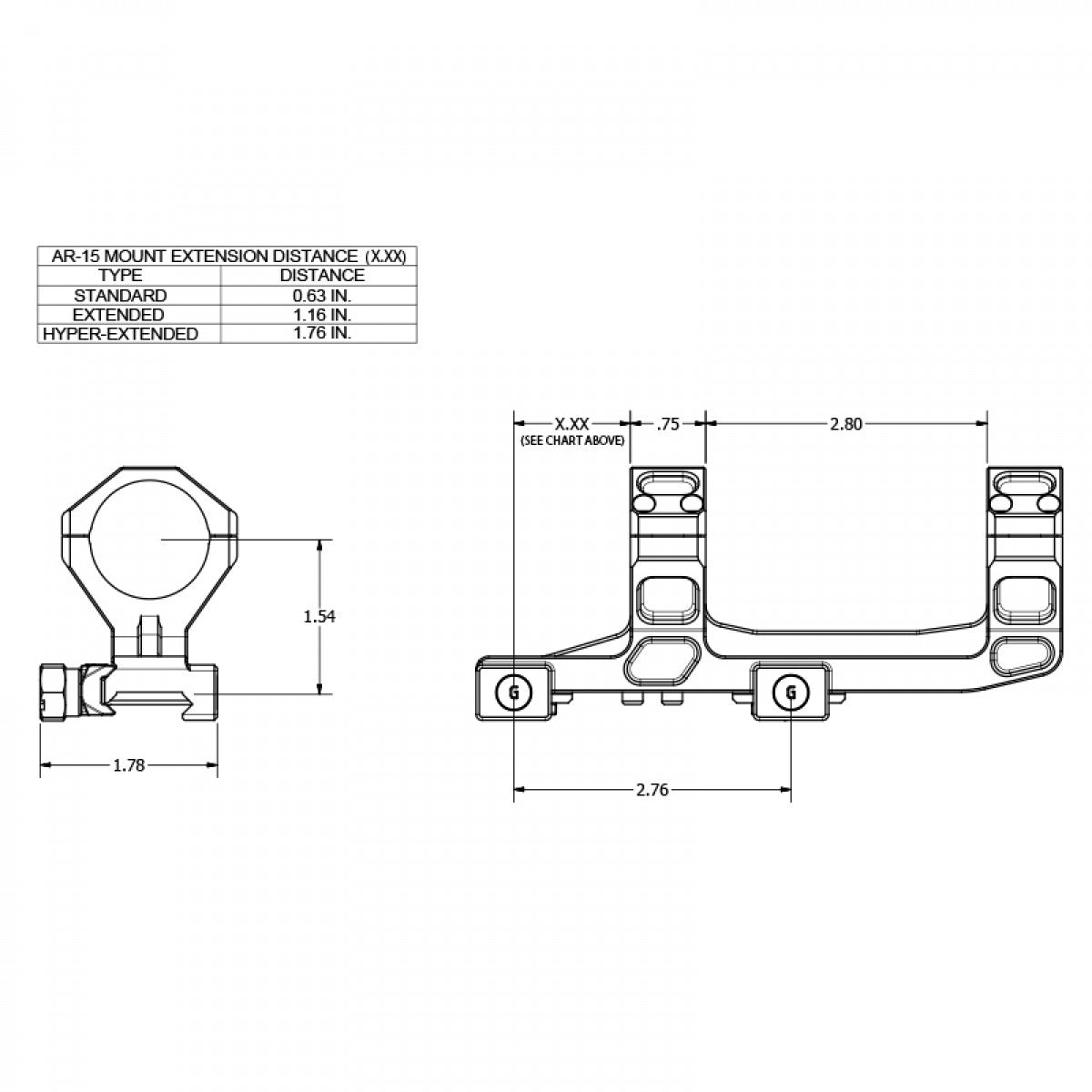 HOLY WARRIOR Scope Mount drawing with dimensions for AR-15 compatibility and extension distance