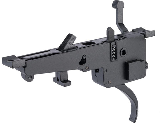 MATRIX internal metal trigger assembly for airsoft VSR-10 trigger upgrade showing sear spring and curved trigger