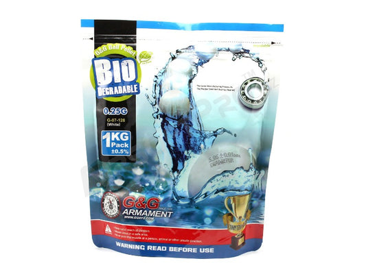 G&G BIO biodegradable airsoft BBs 1kg 0.25g white pouch with water splash graphic and G&G Armament logo