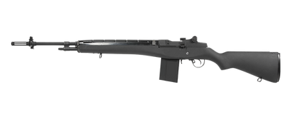 G&G GR14 M14 AEG AIRSOFT rifle with black stock and metal barrel against black background