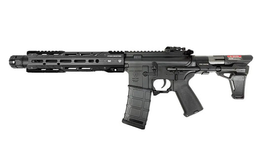Réplique airsoft AEG GRIDLOCK PDW noire par E&C avec canon allongé et crosse ajustable