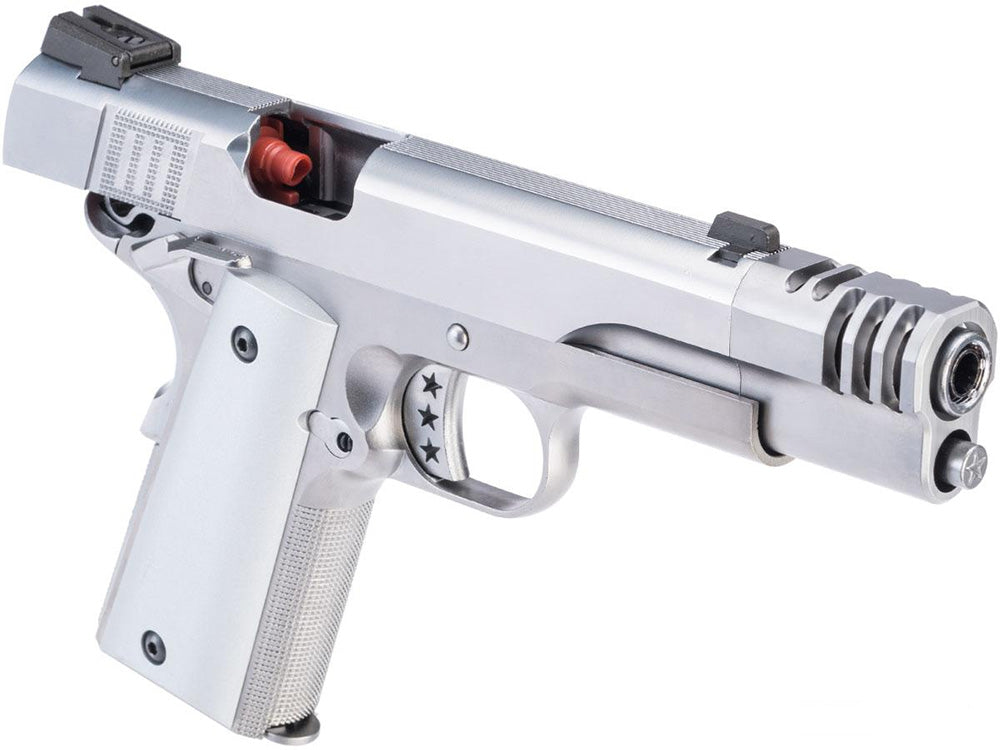 AW CUSTOM Hitman 1911 Airsoft Pistol in Silver with Enhanced Barrel and Grip Texturing