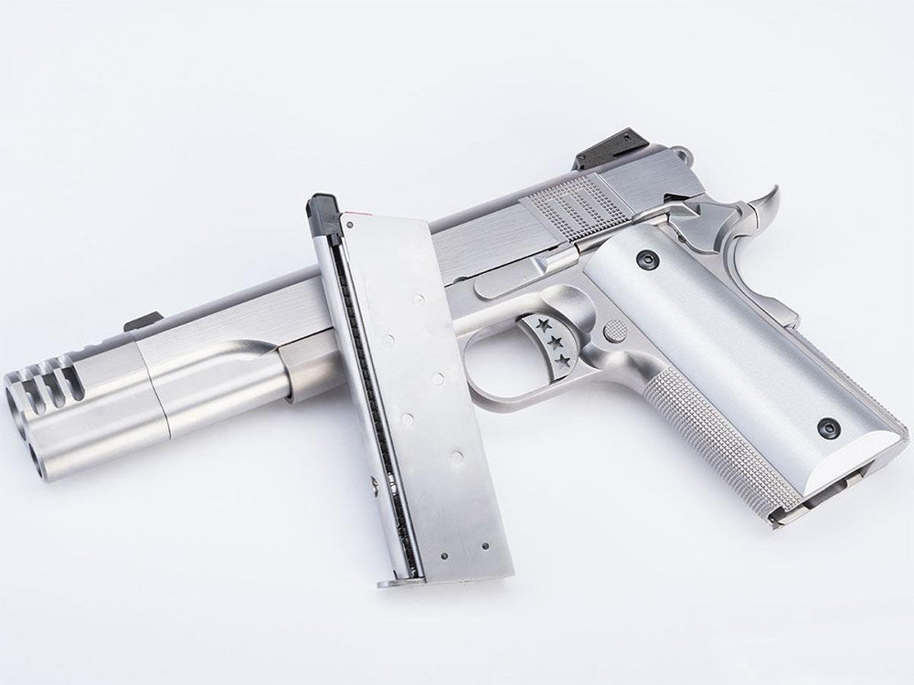 AW CUSTOM Hitman 1911 airsoft pistol with silver finish and removable magazine for airsoft enthusiasts