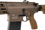 Close-up of VFC M110 GBB tan airsoft rifle upper and lower receiver with magazine inserted