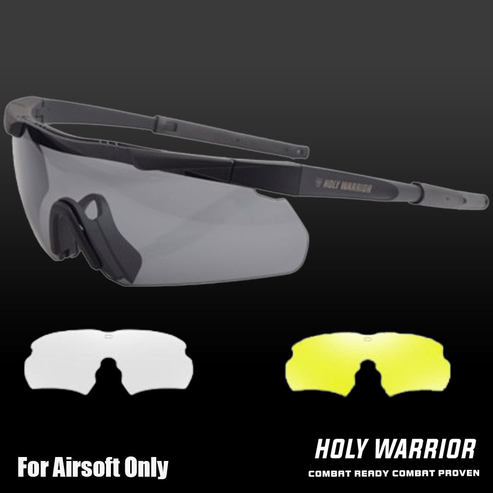 Holy Warrior airsoft protective goggles with interchangeable lenses for enhanced visibility and protection