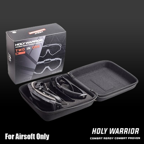 Holy Warrior airsoft protective goggles in a protective case for safe storage and transport