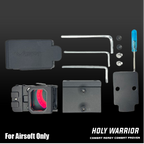 Holy Warrior flip red dot sight for airsoft with installation tools and mount components displayed