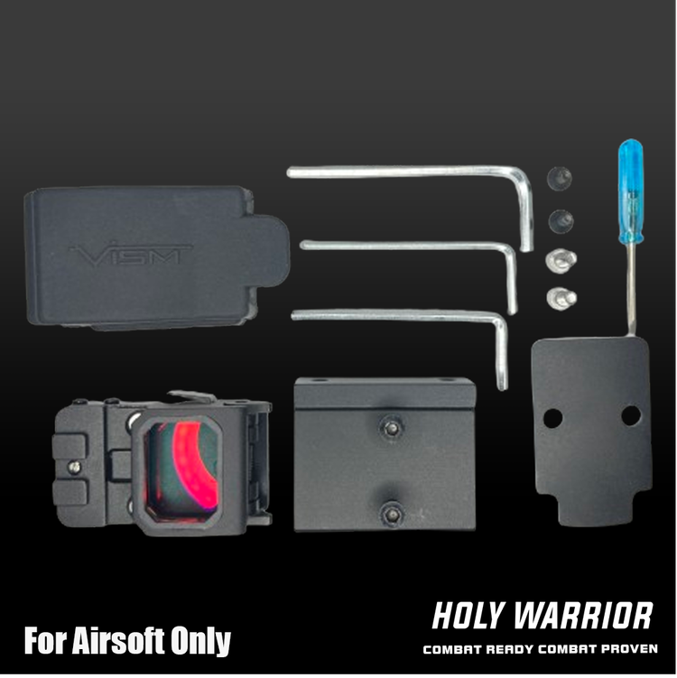 Holy Warrior flip red dot sight for airsoft with installation tools and mount components displayed