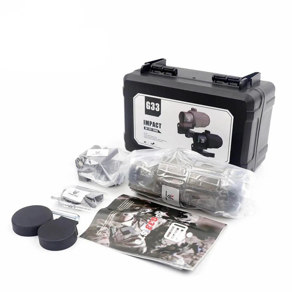 Holy Warrior G33 PT tan magnifier with accessories and protective case for enhanced optics