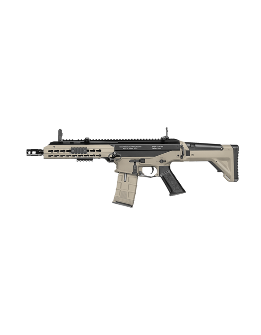 ICS CXP APE tan and black AEG rifle with collapsible stock rail system and detachable magazine by ICS