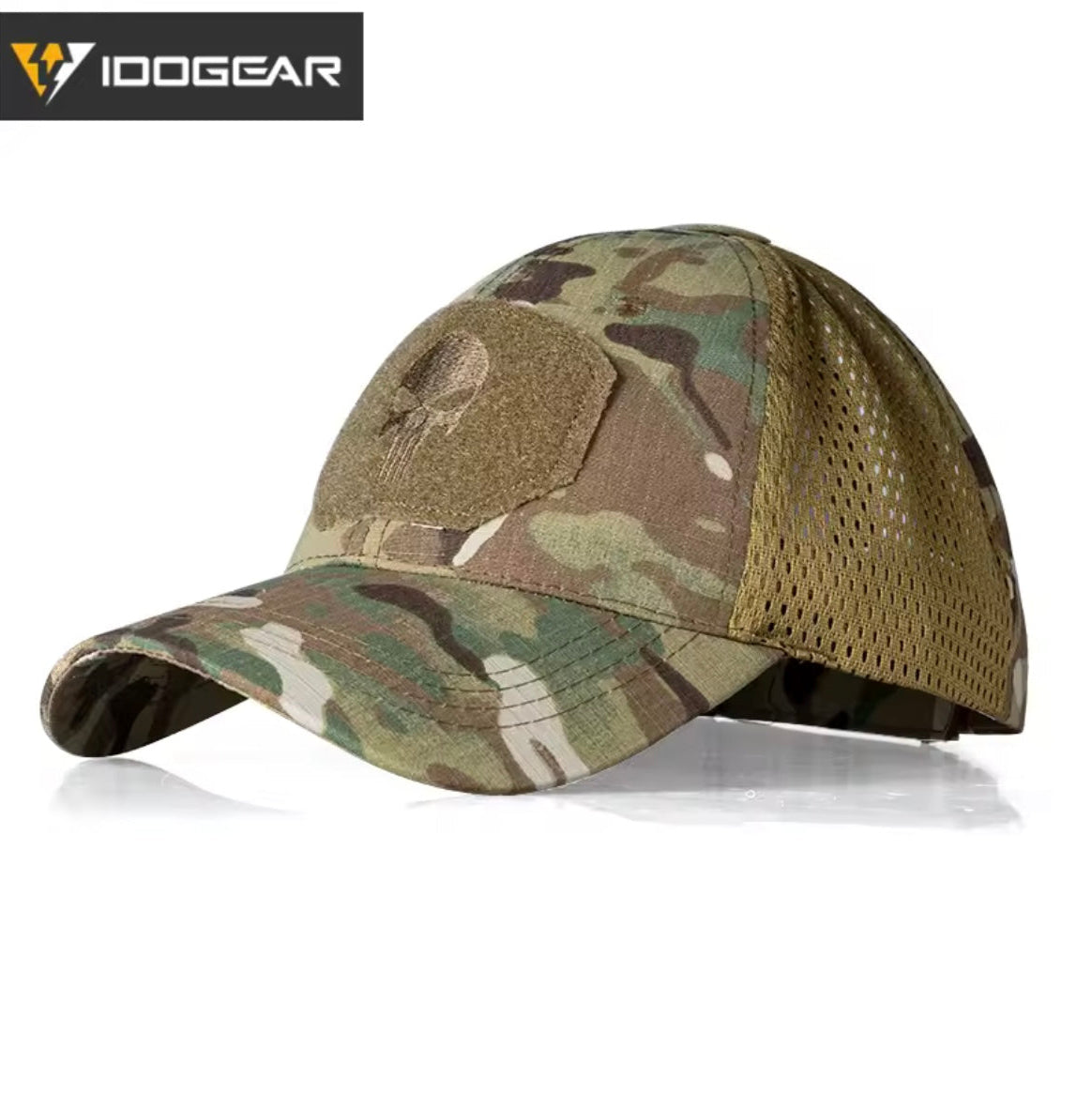 IDOGEAR Punisher cap in camouflage with breathable mesh sides for outdoor activities