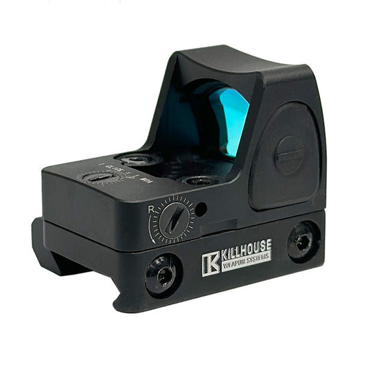 KILLHOUSE airsoft red dot sight accessory with black matte finish and blue tinted lens
