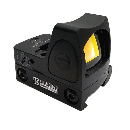 KILLHOUSE airsoft red dot sight accessory with matte black finish and yellow lens coating