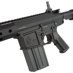 G&G KNIGHTARMS SR25 AEG AIRSOFT gun close-up showing black tactical rifle details and magazine