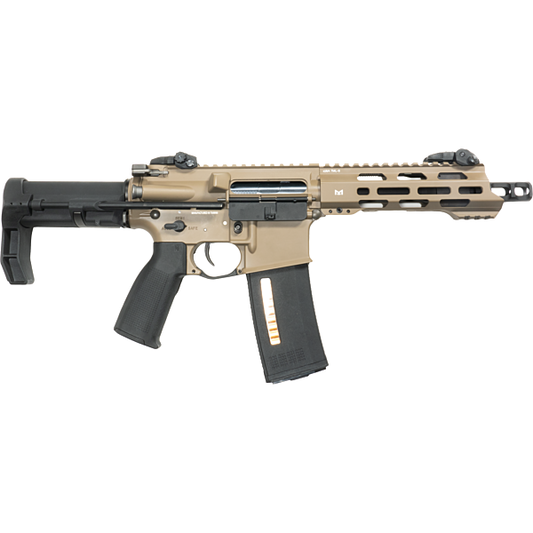 Réplique AEG KWA vm4 de couleur beige avec chargeur noir et crosse réglable pour tir airsoft