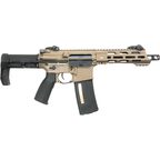 KWA VM4 RONIN T6 TAN AEG AIRSOFT rifle with tan body and black adjustable stock on white background