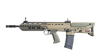ARES L85A3 AEG AIRSOFT rifle in tan with black magazine and tactical handguard