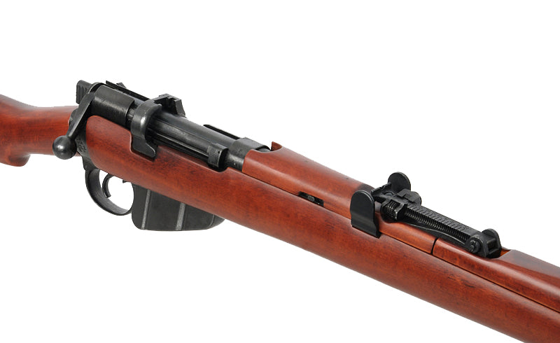 Detailed view of LEE ENFIELD Airsoft sniper rifle showcasing wood finish and metal components
