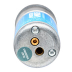 Close-up of MASTERMIKE 40 explosive canister with metal base and safety warning labels
