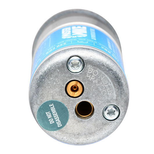 Close-up of MASTERMIKE 40 explosive canister with metal base and safety warning labels