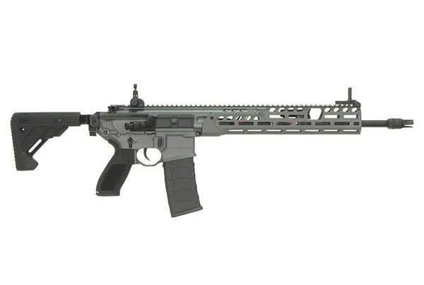 AEG MCX airsoft rifle in dark gray with adjustable stock and rail system for accessories