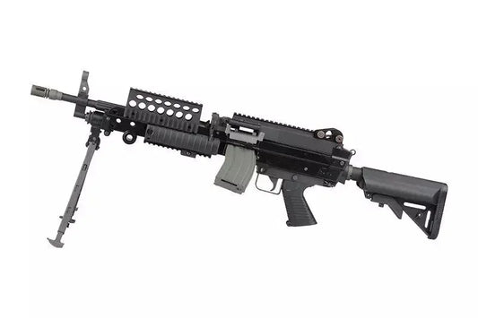 CLASSIC ARMY MK46 AEG AIRSOFT gun with bipod, black body, and adjustable stock