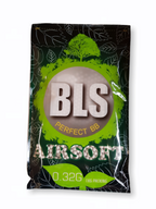 BLS Bio Perfect BBs 0.32g 1kg pack biodegradable airsoft pellets in green and black packaging showing white BBs