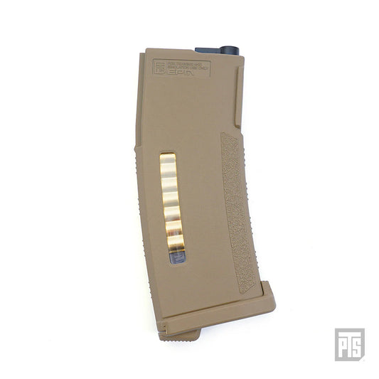 PTS Enhanced Polymer M4 Magazine in flat dark earth tan with clear viewing window and textured grip