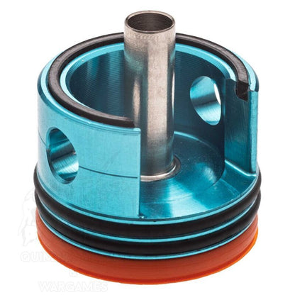 FPSSOFTAIR blue aluminum airsoft V2 gearbox cylinder head with orange silicone seal and steel nozzle