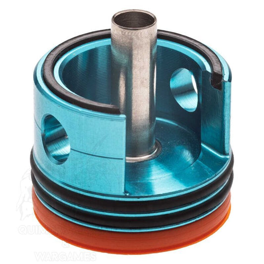 FPSSOFTAIR blue aluminum airsoft V2 gearbox cylinder head with orange silicone seal and steel nozzle