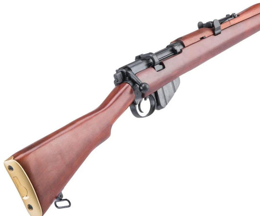S&T LEE ENFIELD sniper rifle with wooden stock and black metal barrel close up