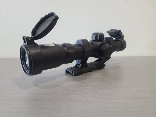 District Airsoft black tactical scope 4x24 h18 with flip-up lens covers and mounting rail