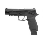 Black SIG SAUER airsoft pistol with textured grip and tactical rail for airsoft enthusiasts
