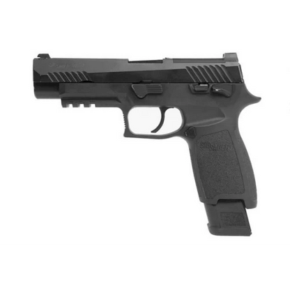 Black SIG SAUER airsoft pistol with textured grip and tactical rail for airsoft enthusiasts