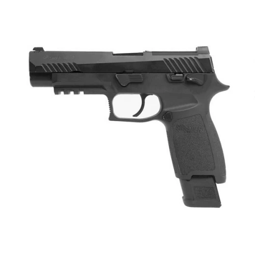 Black SIG SAUER airsoft pistol with textured grip and tactical rail for airsoft enthusiasts