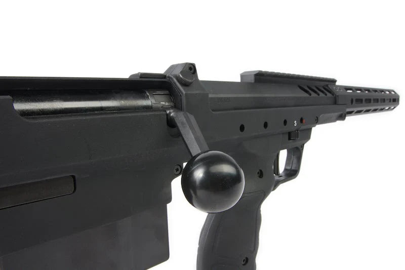 Close-up of the SILVERBACK sniper rifle showcasing the bolt action and black finish