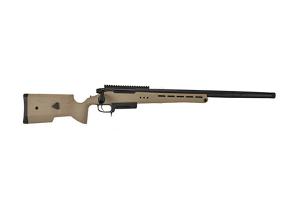SILVERBACK TAC-41P SPORT tan synthetic stock bolt action sniper rifle with long black barrel and rail