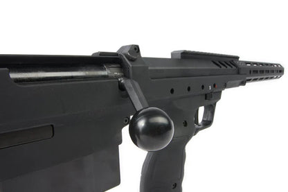Close-up view of SILVERBACK SRS sniper rifle with black finish and bolt-action handle