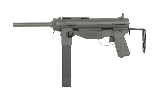 SNOW WOLF M3A1 GREASE GUN AEG AIRSOFT replica in dark gray with extended magazine and folding stock