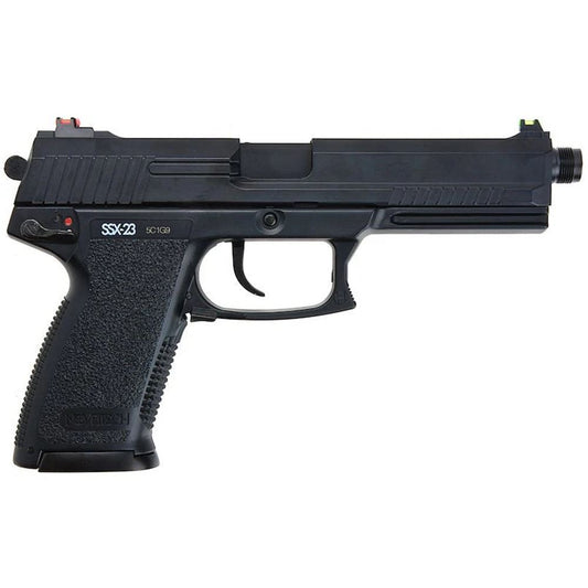 NOVRITSCH ssx-23 AEG black airsoft pistol with textured grip and threaded barrel