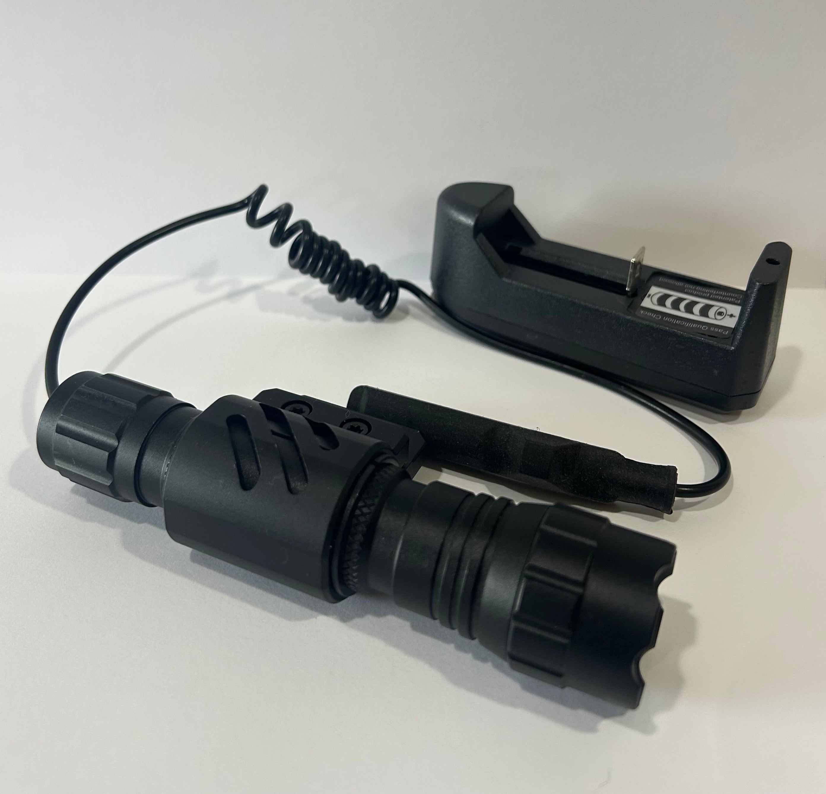 District Airsoft 1200 flash light with rechargeable battery charger and tactical design in black