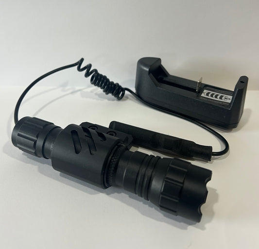District Airsoft 1200 flash light with rechargeable battery charger and tactical design in black