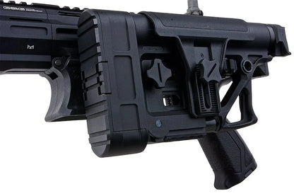 G and G AEG tr30 airsoft black adjustable tactical stock and textured pistol grip close up