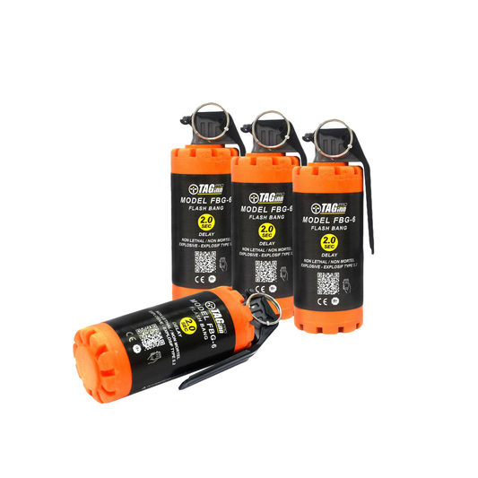 Taginn FBG-4 flash bang consumables with orange and black design for training and simulation