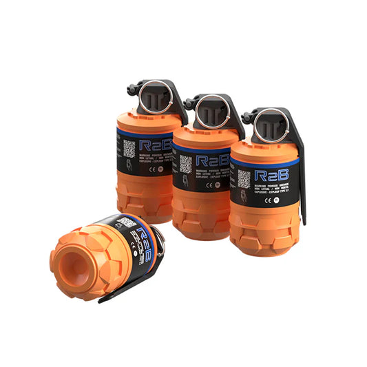 TAGINN R2bm consumable stun grenades in orange with black safety levers and blue labels