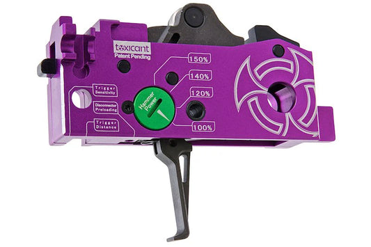 TOXICANT purple adjustable drop in trigger module with green selector knob and percentage settings for rifles
