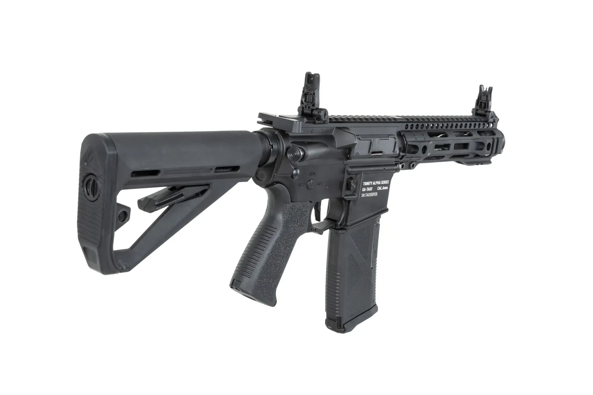 Réplique d'arme AEG TRINITY ARMAMENT GA-TA03 noire avec crosse réglable et viseurs rabattables