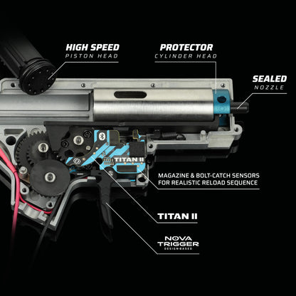 Schéma interne TRINITY ARMAMENT GA-TA03 montrant piston haute vitesse, protecteur cylindre, buse scellée et capteurs de chargeur