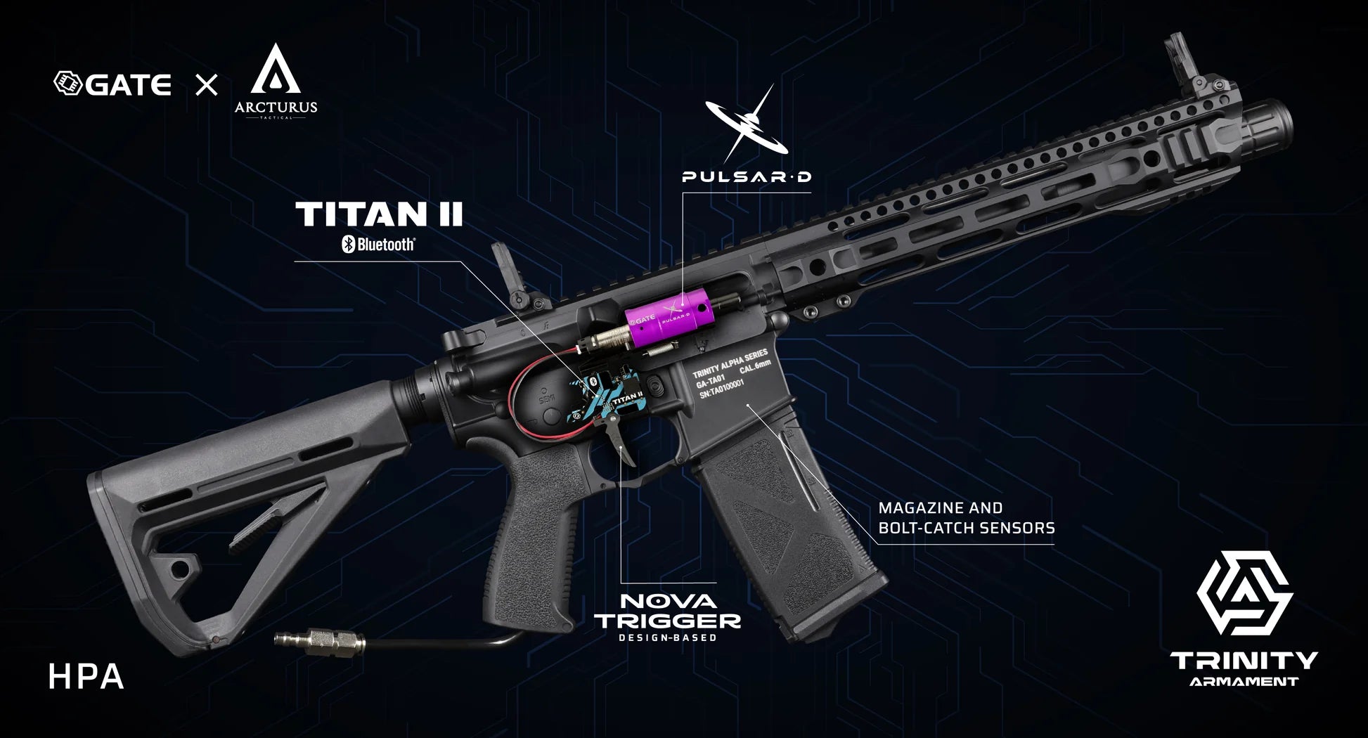 Système HPA TRINITY ARMAMENT GA-TA03P pour arme à feu avec composants internes visibles