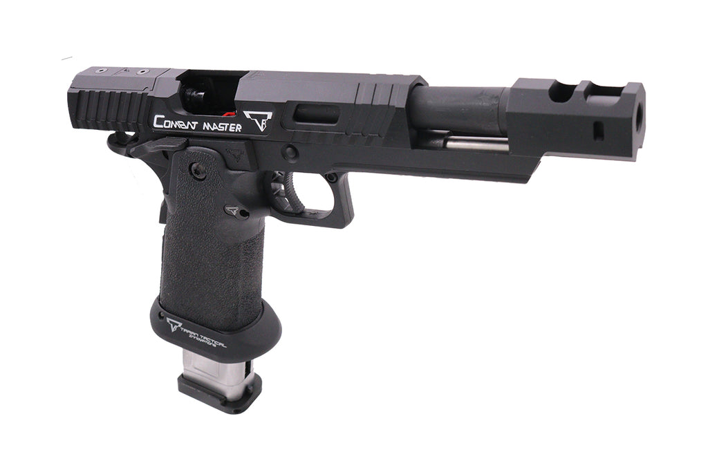 EMG TTI combat master airsoft pistol in black with textured grip and extended barrel
